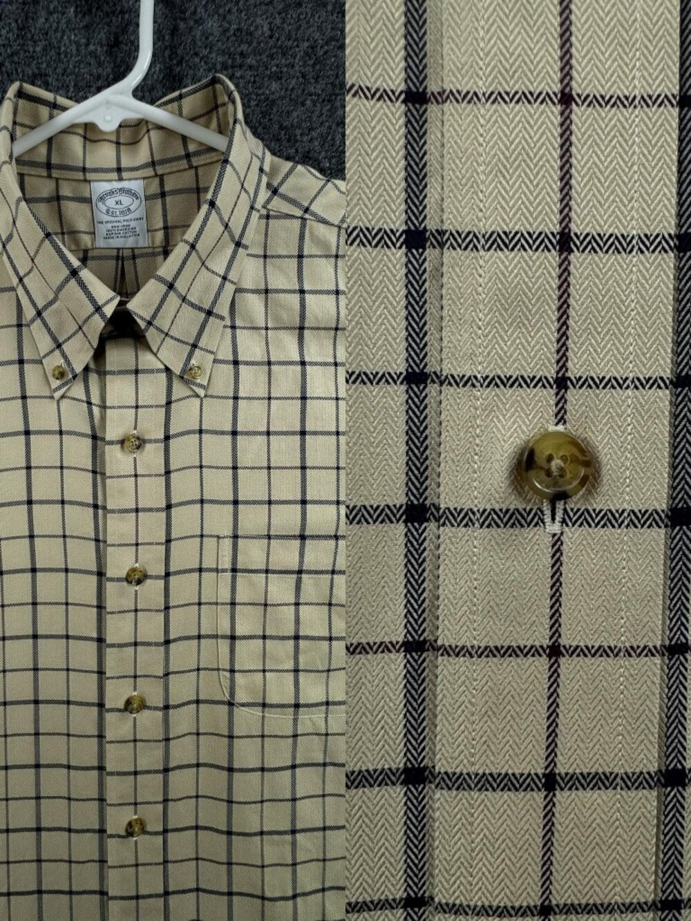 Brooks Brothers Non-Iron Check XL Button-Down Supima Beige Pocket Mens Shirt